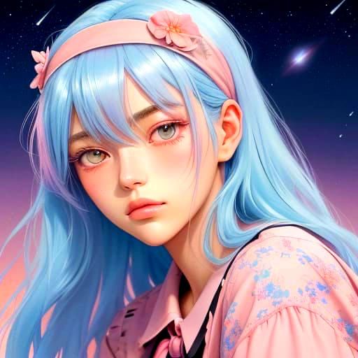 Dreamy Anime Portrait of a Young Girl with Pastel Hair and C...