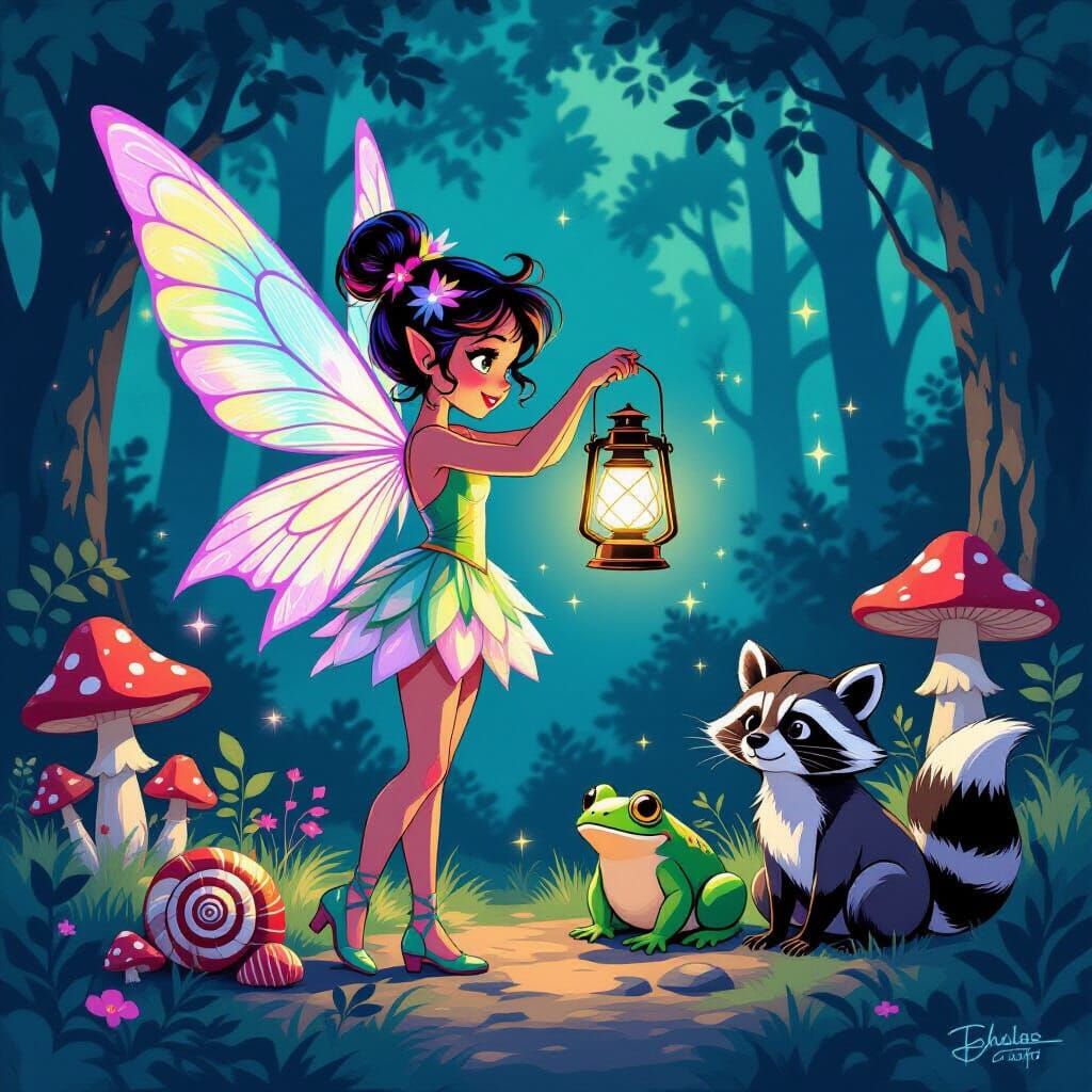 Whimsical Fairy With Forest Friends in Pop Art Style