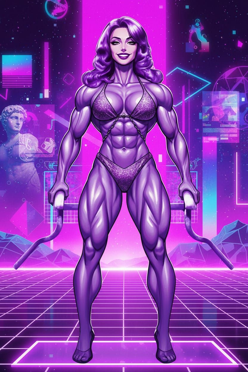 Gothic Bodybuilder in Purple Suit, Vaporwave Style