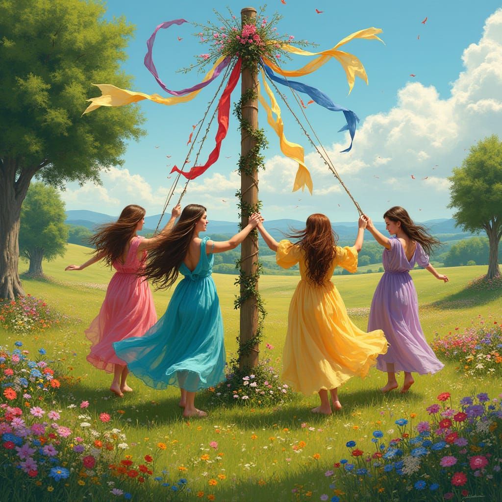 Whimsical Maypole Dance in a Vibrant Pagan Festival