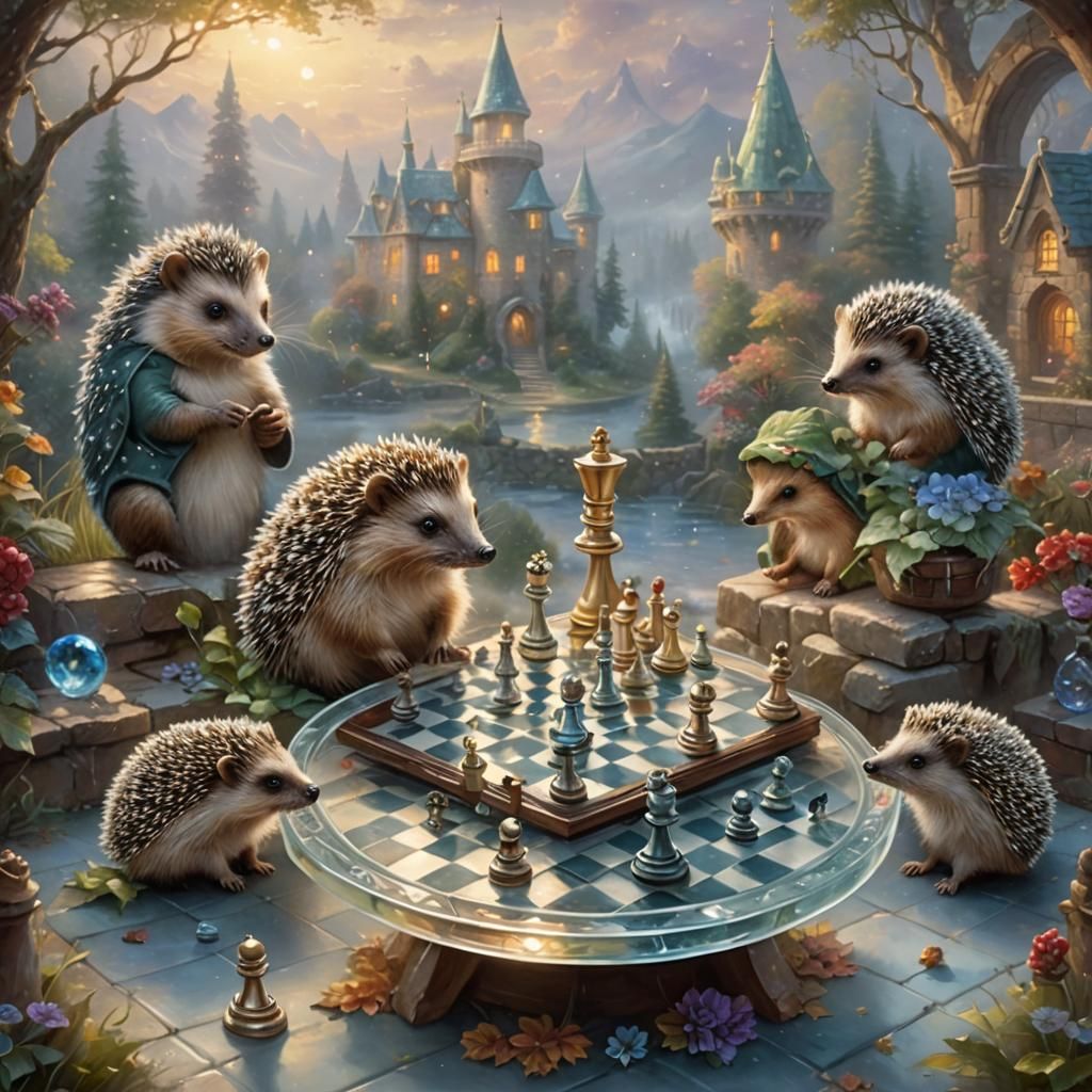 Hedgehogs Play Chess in Ethereal Fantasy Style