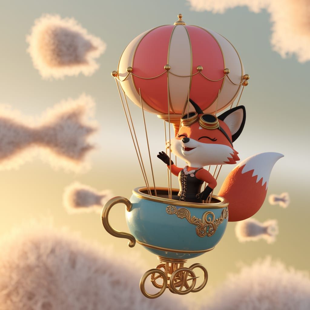 Fox Pilot in Steampunk Teacup Airship