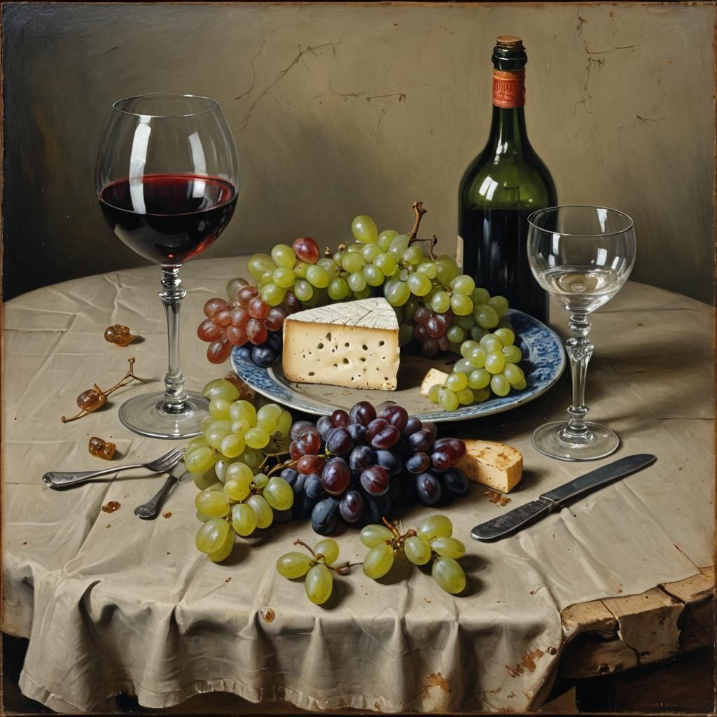 Still Life with Cheese, Grapes, and Wine in Dutch Style