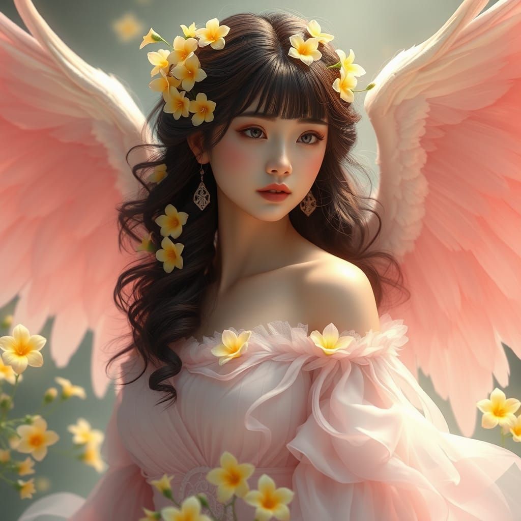 Ethereal Chinese Woman with Flowers in Digital Art