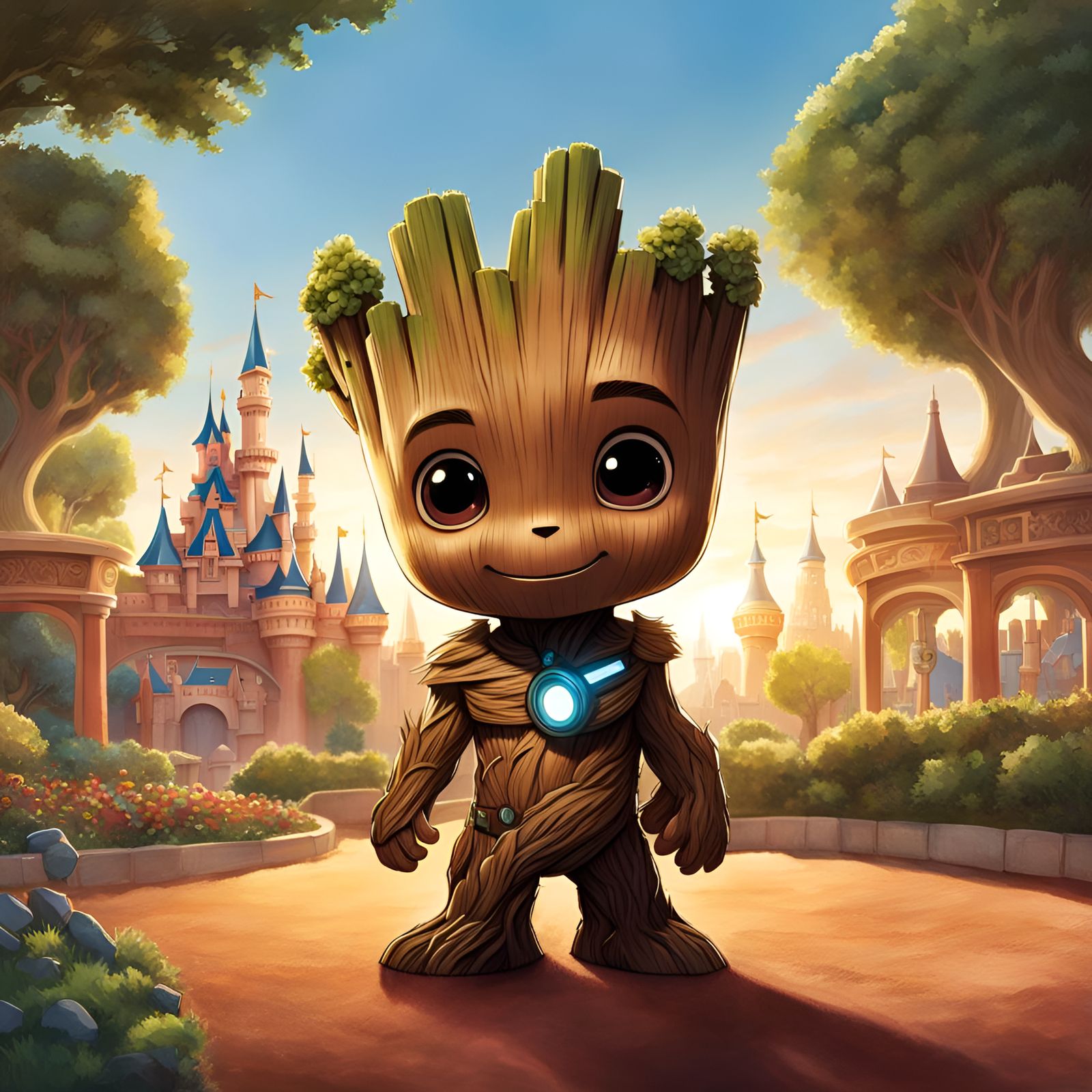 Baby Groot at Disneyland in Comic Book Style