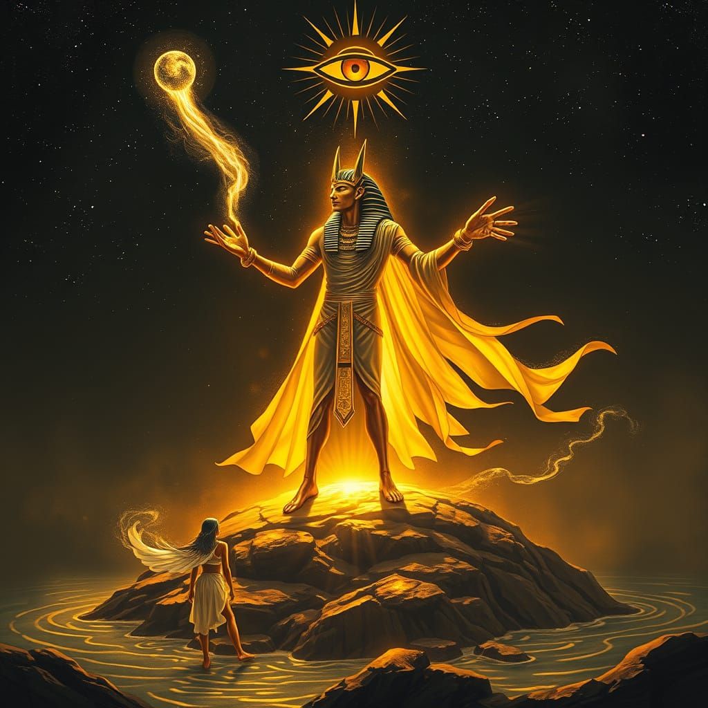 Egyptian God Atum Rises from Primordial Waters in Golden Lig...