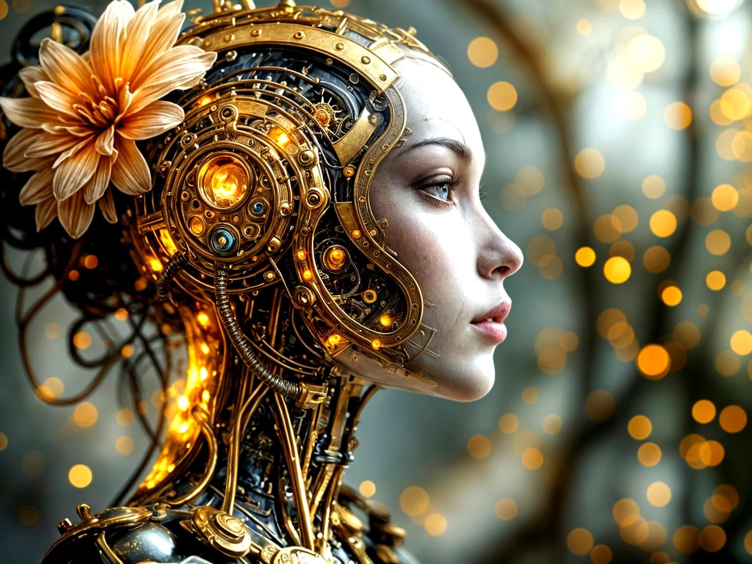 Steampunk Female Robot in Elegant Oil Painting