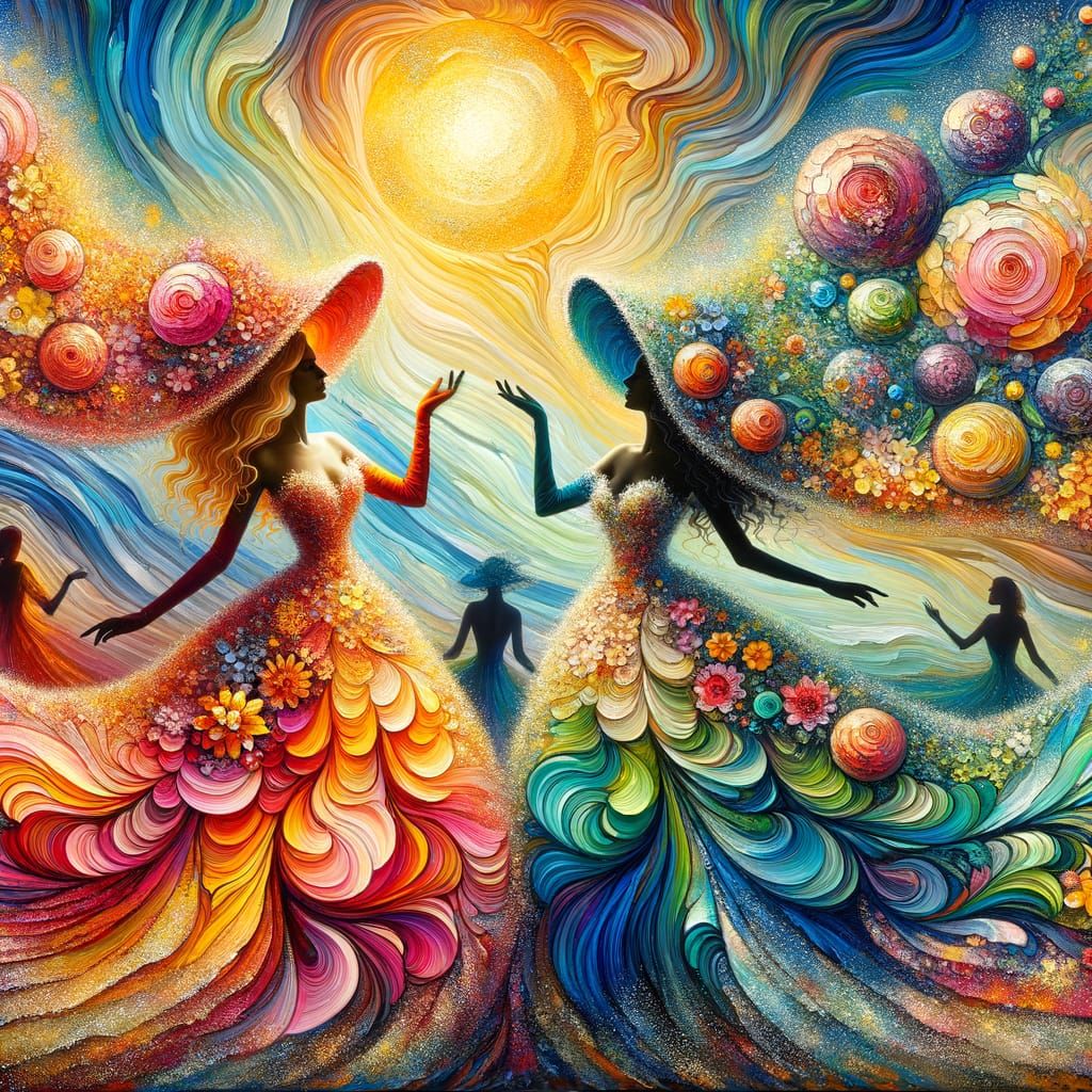 Women in Gowns Bloom in Sunlit Biosphere, Dry Oil Technique