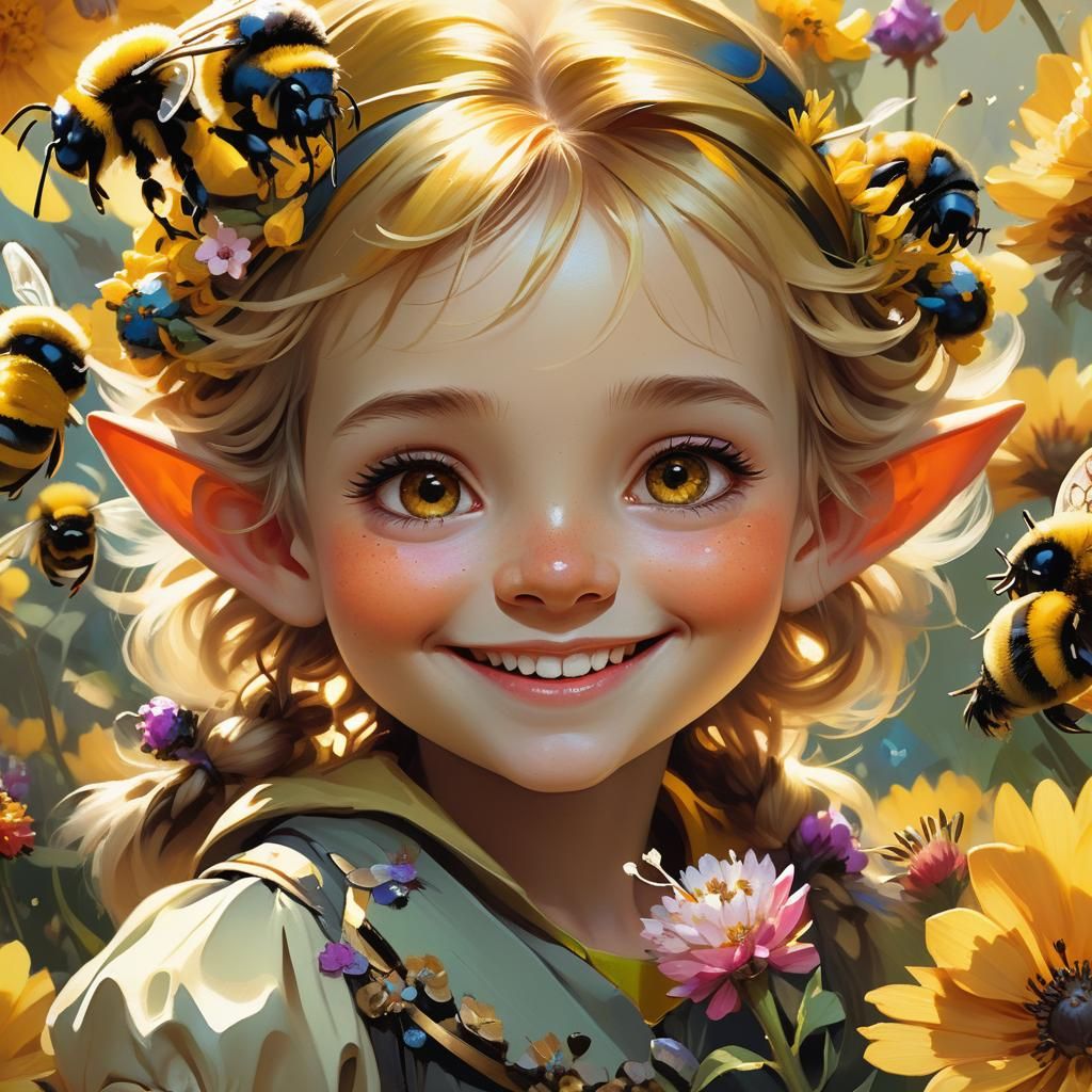 Gnome Girl Surrounded by Bumblebees: Detailed Oil Painting