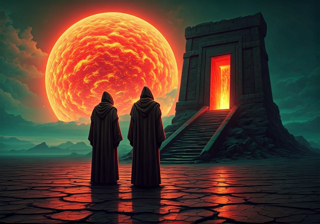 Mysterious Figures Stand in a Red-Orange Hued, Surreal Lands...