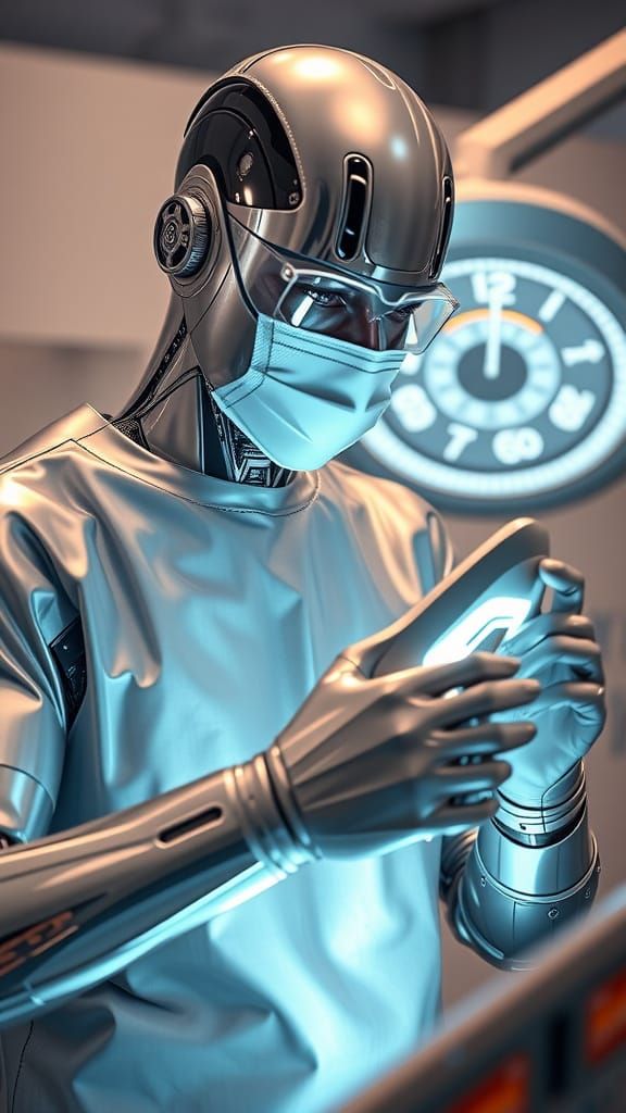 Metallic Robot Surgeon Operates Lipo HD Device