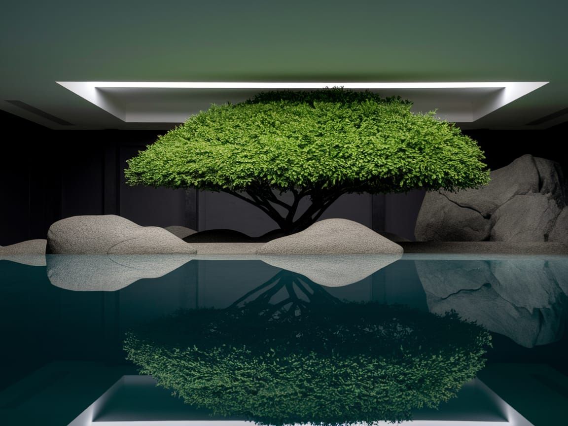Tranquil Zen Oasis in Dimly Lit Sanctuary