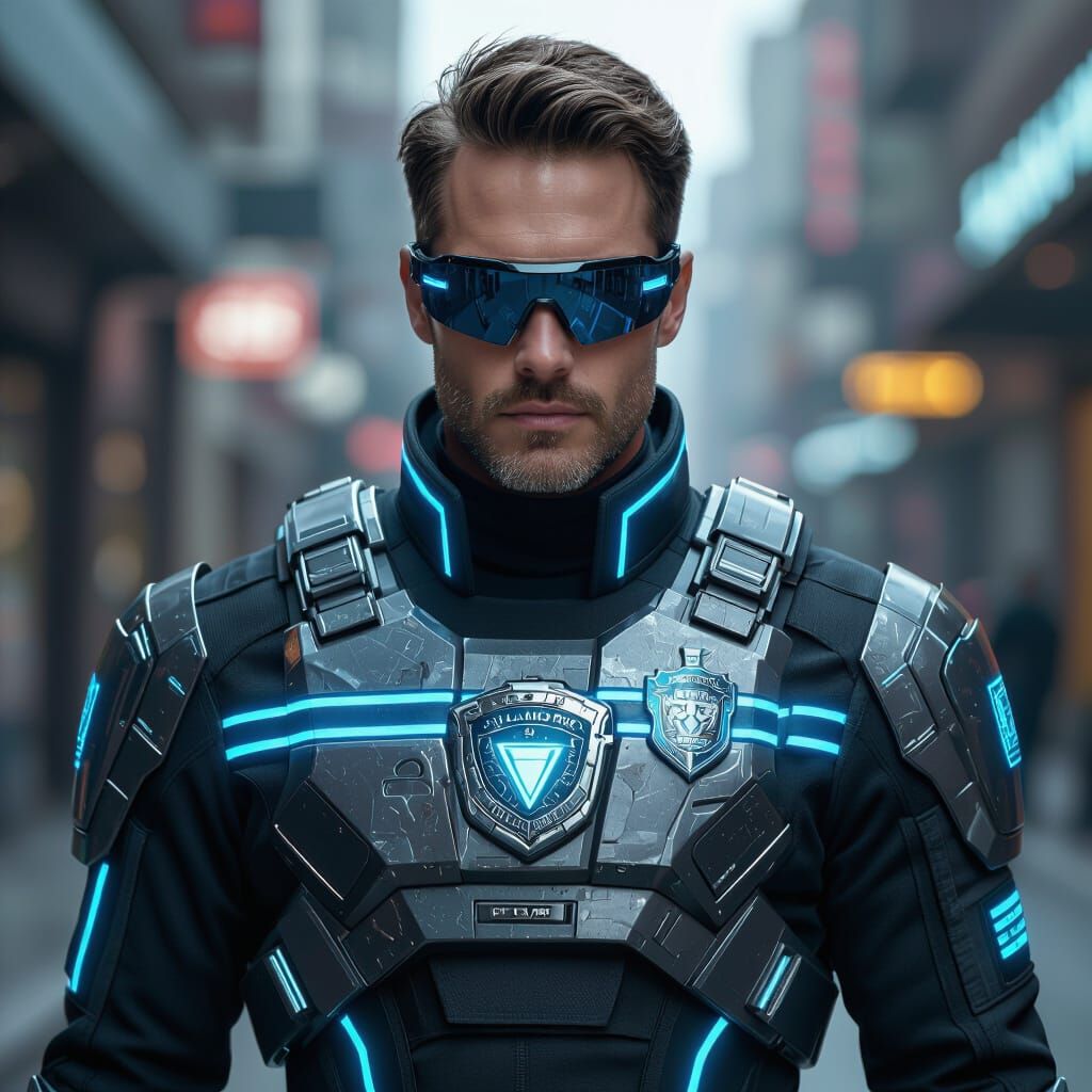 Futuristic Police Officer in Cyberpunk Style Uniform