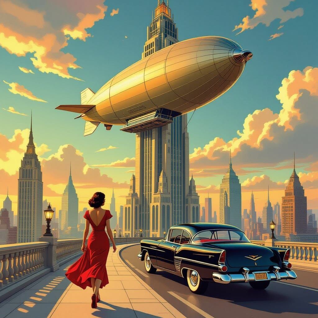 Retro Sci-Fi Adventure: Woman Boards Flying Blimp