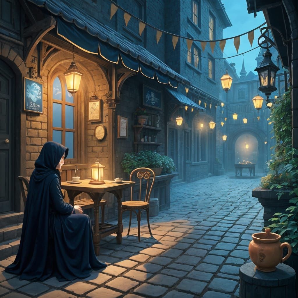 Mysterious Figure in Glowing Teacup Cafe