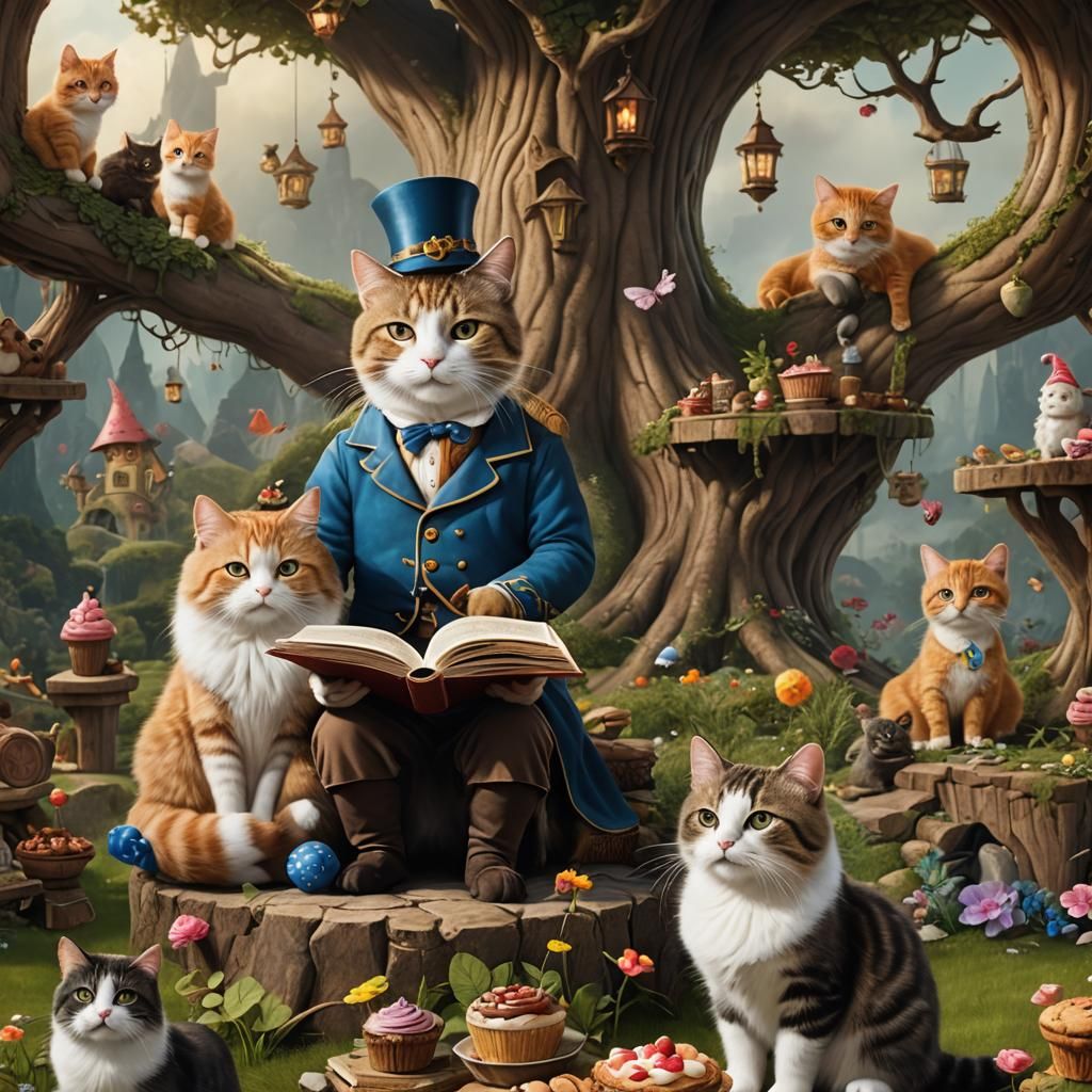 Fairy Tale Storybook Scene with Cat and Brownie