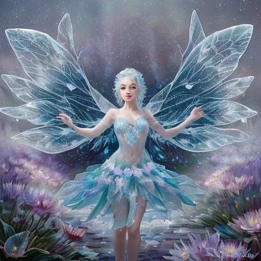 Luminescent Fairy in Frozen Flower, Impressionist Style