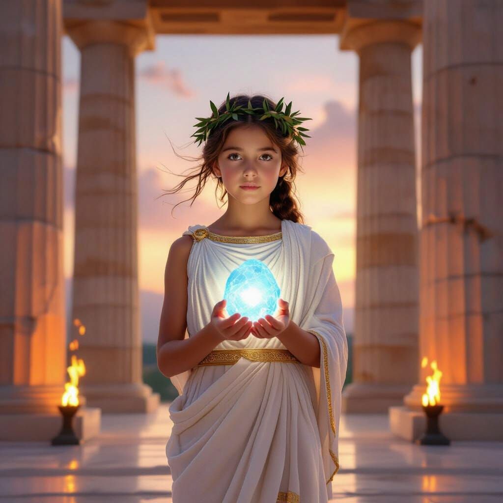 Greek Girl at Ancient Temple Holding Luminous Stone