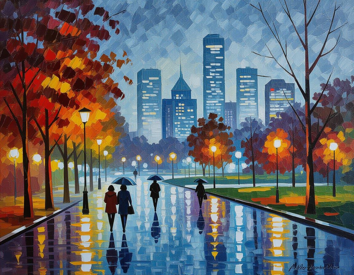 Futuristic City Park in Neo-Impressionist Autumn Painting