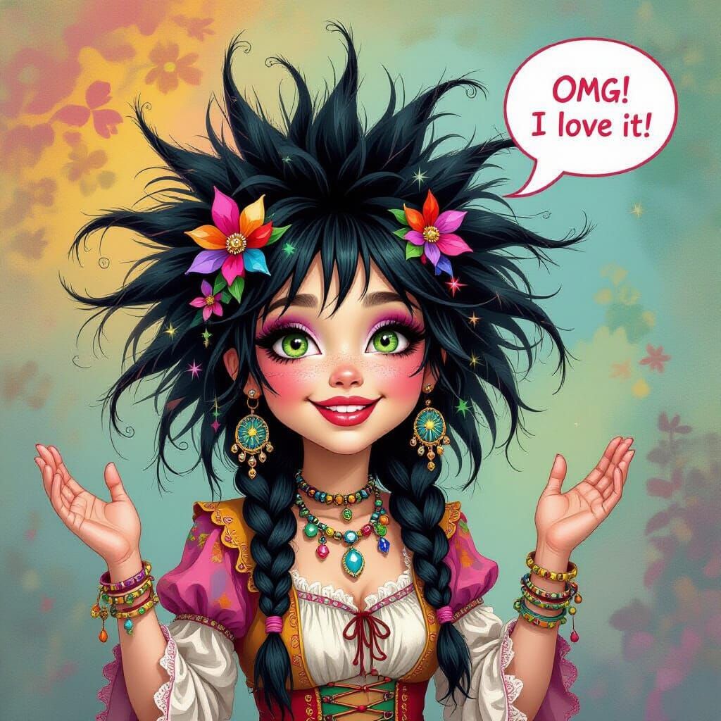 Whimsical Gypsy Woman with Spiky Hair and Chat Bubble