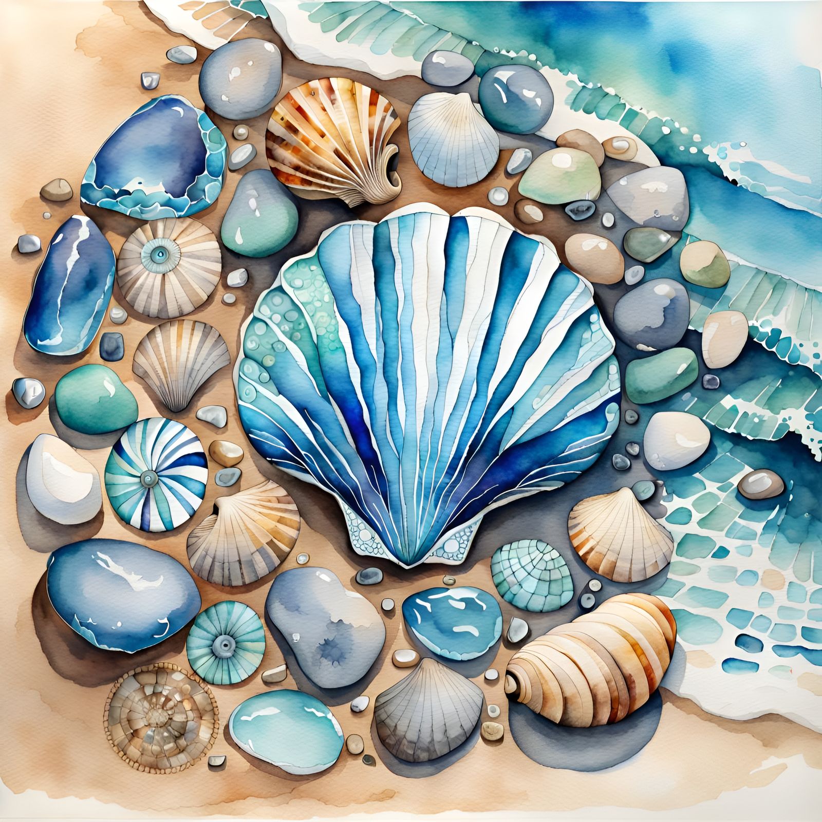 Watercolor Shell Mandala on the Beach