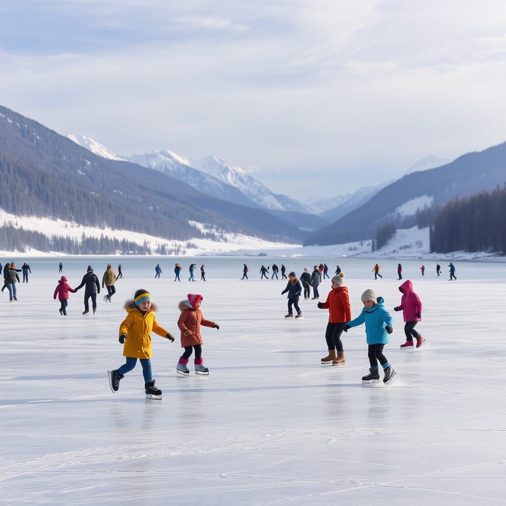 Joyful Winter Wonderland with Children Ice Skating and Sledd...