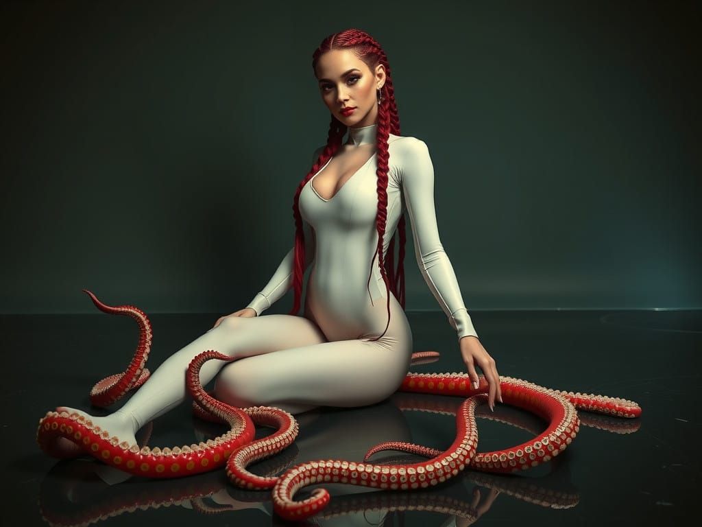 Elegant Alien Goddess with Red Braids and Octopus Tentacles...