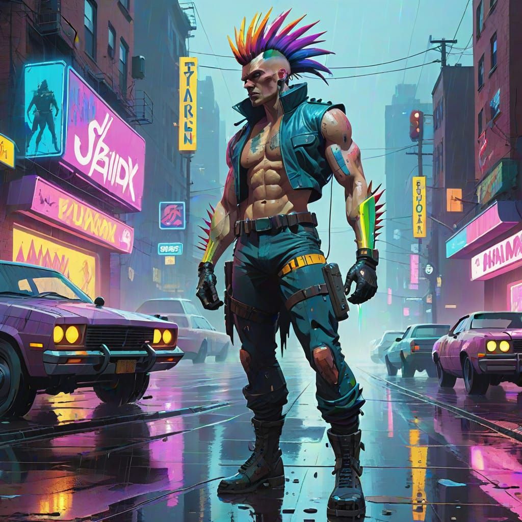 Rainy Urban Rebel God Exudes Power in Neon-Lit Metropolis