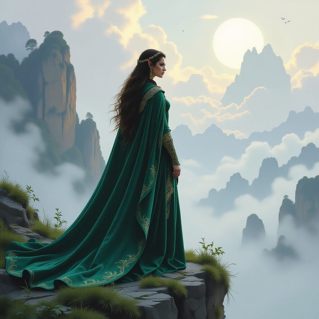 Elven Warrior in Emerald Cloak, Art Nouveau Style