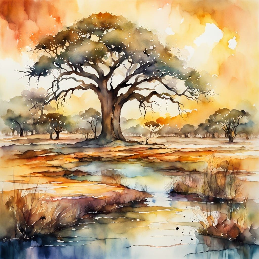 Serene Savannah Landscape in Watercolour Ink
