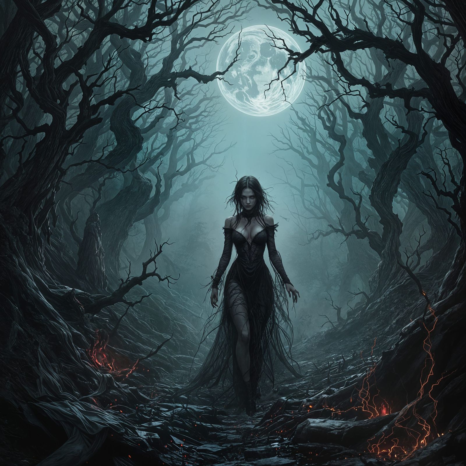 Gothic Woman Haunted by Spectres in Dark Forest