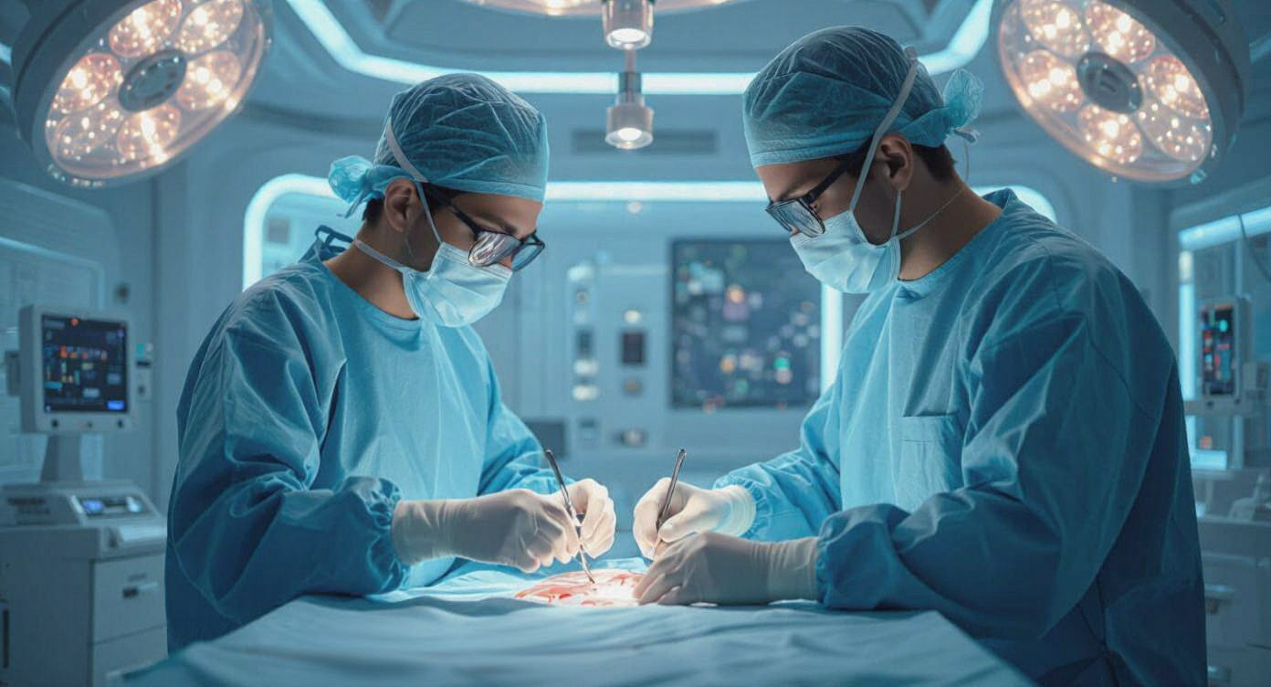 Futuristic Surgeon Operating with Robot and Kidneys