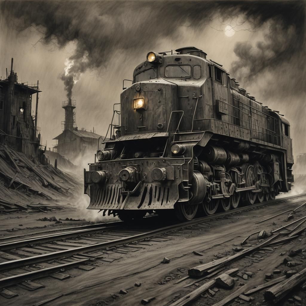 Armored Locomotive Rushes Through War-Torn Landscape