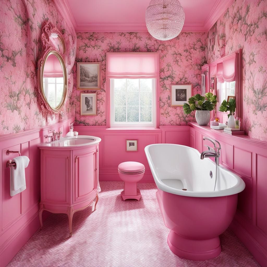 Pink bathroom, pink toilet, pink sink, pink bathtub, pink flowery wallpaper