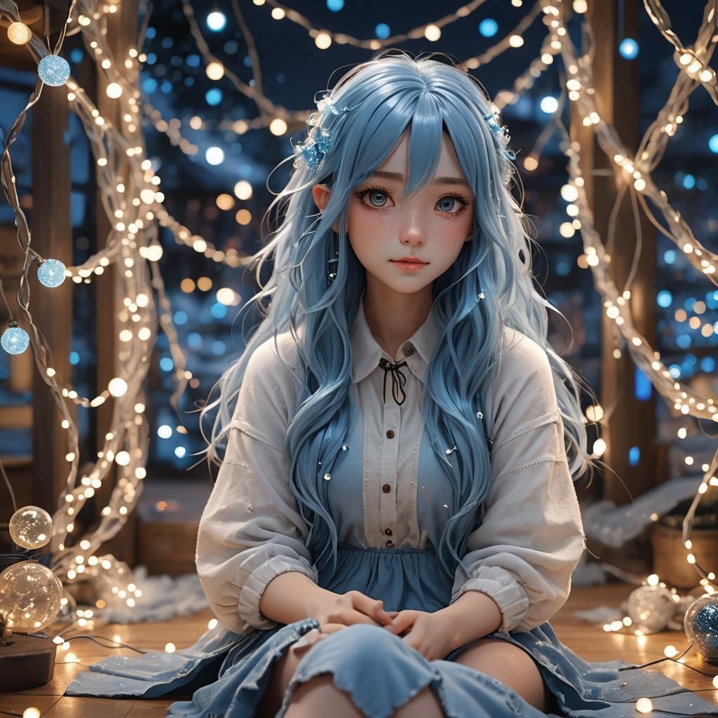 Anime Girl with Blue Hair Under Fairy Lights