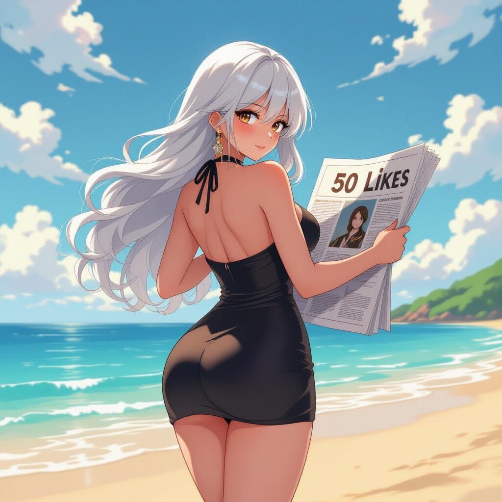 Anime Woman on Beach in Shinkai-Frazetta Style