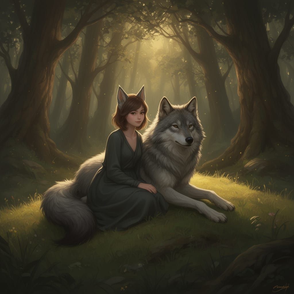 Wolf Girl and Wolf Companion on Forest Hill