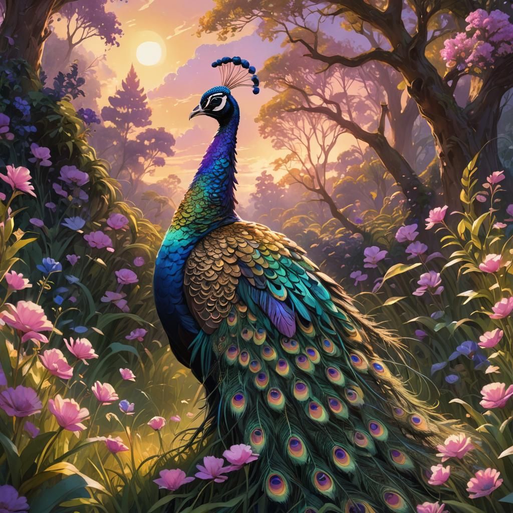 Iridescent Peacock in Lush Meadow: Fantasy Concept Art