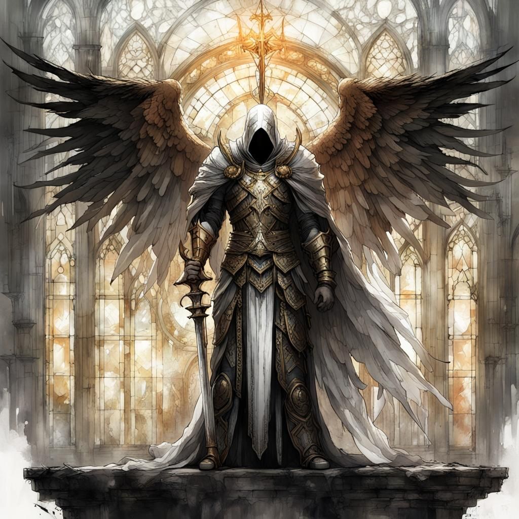 Gothic Angel Knight in Stained Glass Style