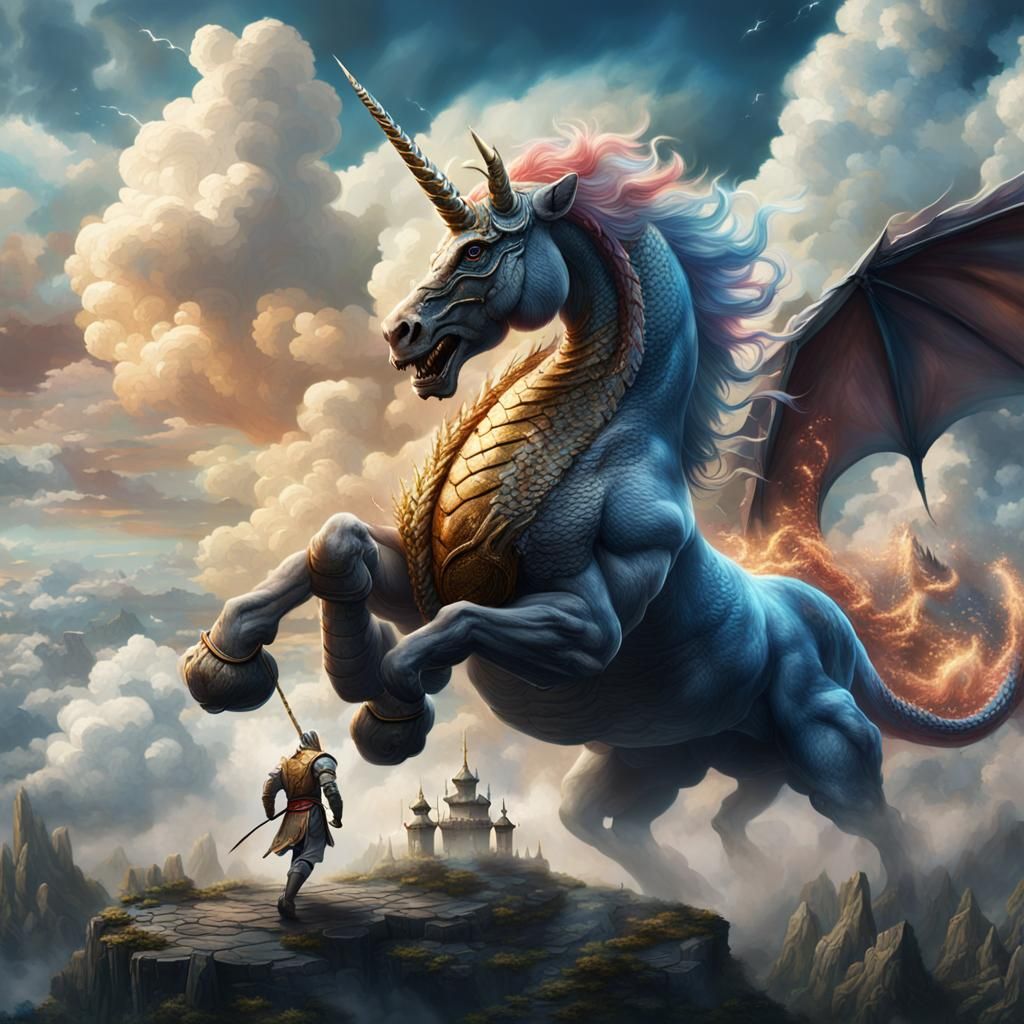 Unicorn Boxing Dragon in Clouds: Fantasy Concept Art