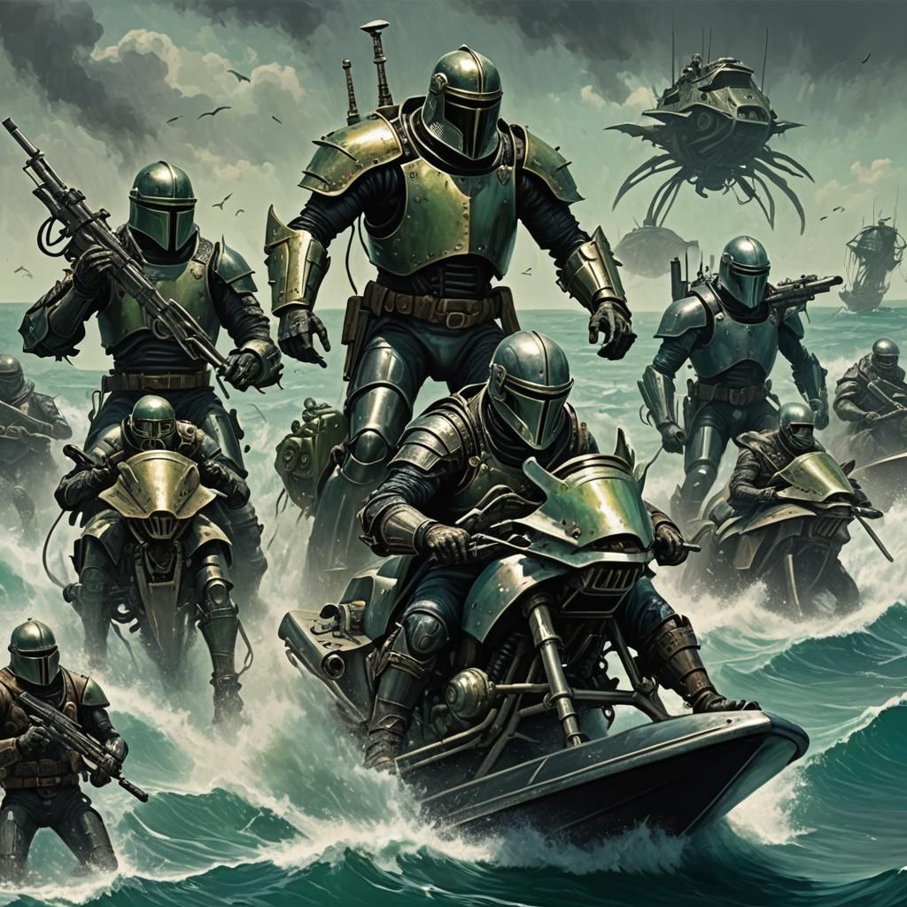 Cyborg Outlaws Battle Aliens on a Rough Ocean