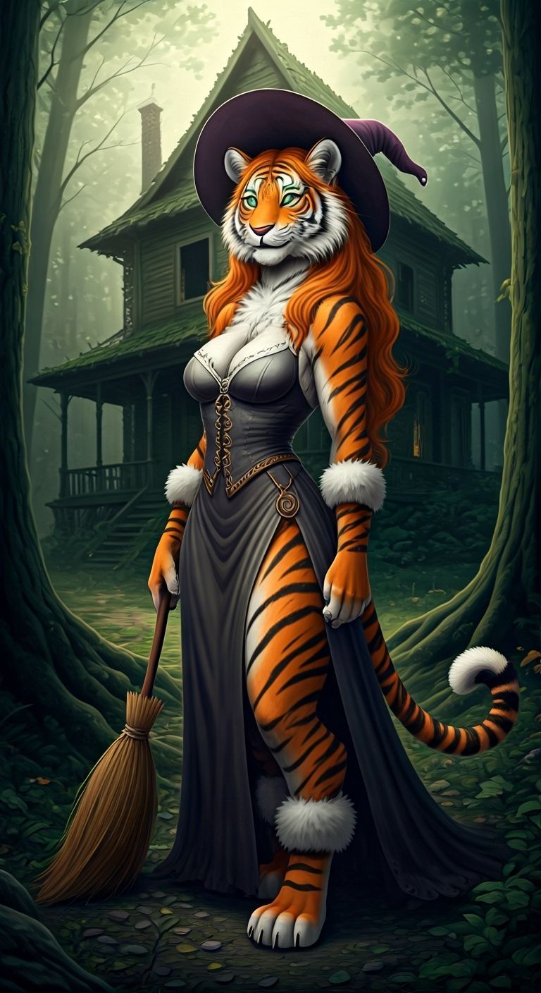 Anthropomorphic Tigress Witch in Forest Clearing