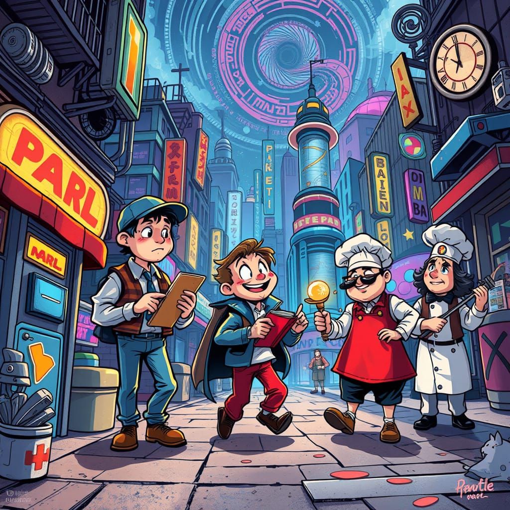 Whimsical Characters Unite in a Dreamlike Comic Strip Scene