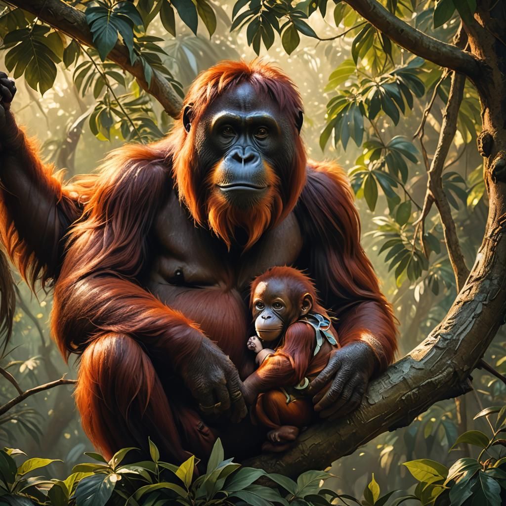 Orangutan Mother and Baby in Lush Jungle