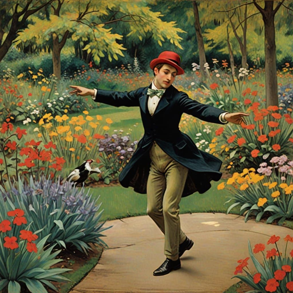 Degas-Inspired Warbler Dancing in a Vibrant Garden Scene