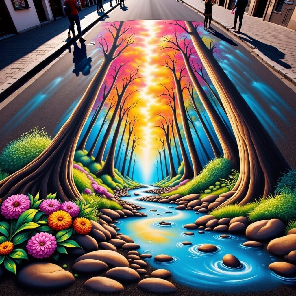 <lora:Street Art Fx:1.0> art by Julian Beever, Kurt Wenner, and Edgar Müller,vibrant and detailed painting on a street, ...