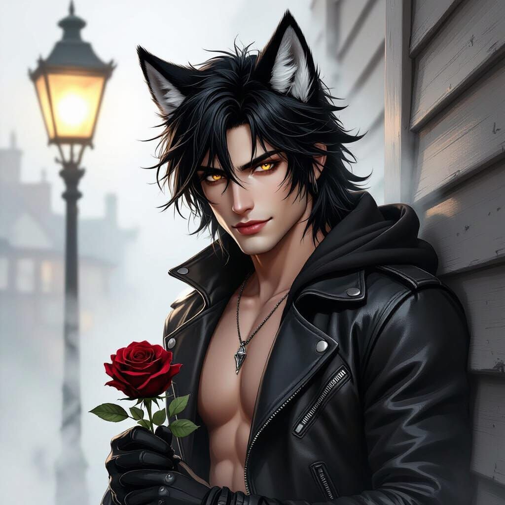 Man with Wolf Ears and Rose in Ink Sketch Style