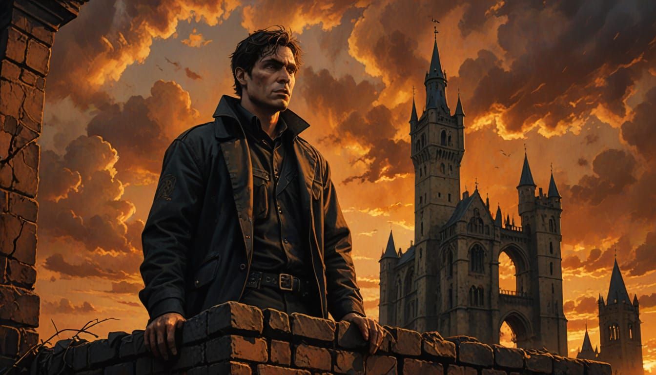 Neo-Gothic Watchman in Ruins at Sunset