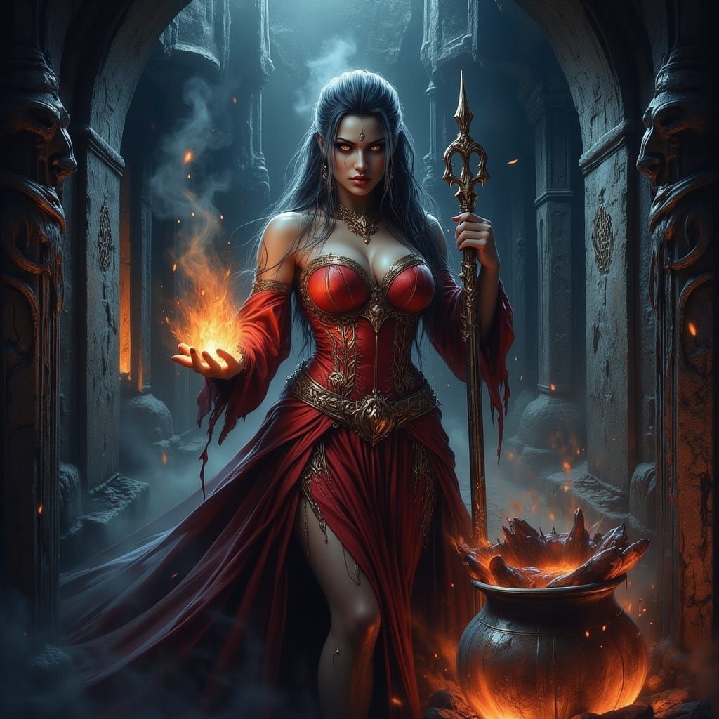 Crimson Sorceress in Mystical Cavern, Fantasy Art