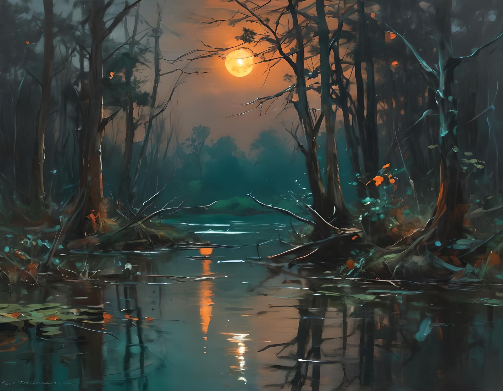Epic Swamp at Night in Oil Painting Style